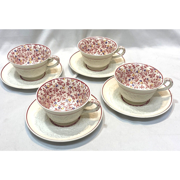 Wedgwood Patrician Crimson Pompadour Cups & Saucers England 4 - Picture 1 of 5